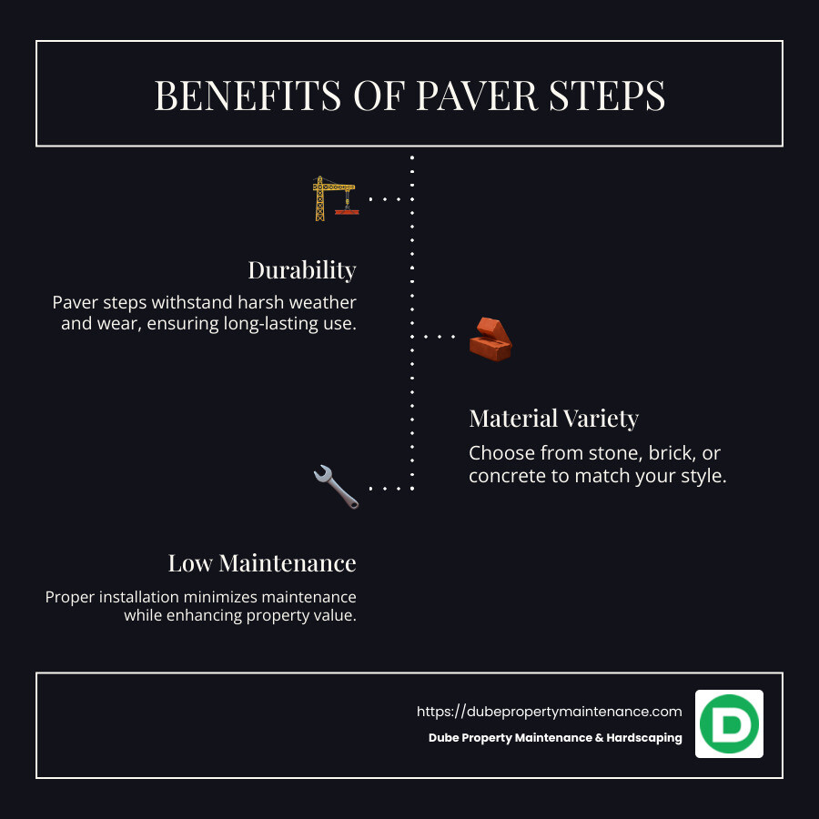 Detailed infographic about the benefits, material options, and installation steps for paver steps installation, highlighting durability, aesthetic appeal, and minimal maintenance - paver steps infographic infographic-line-3-steps-dark