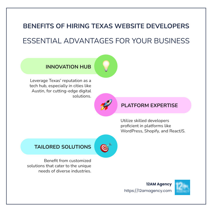 Key benefits infographic for hiring Texas website developers - Texas website developers infographic infographic-line-3-steps-colors