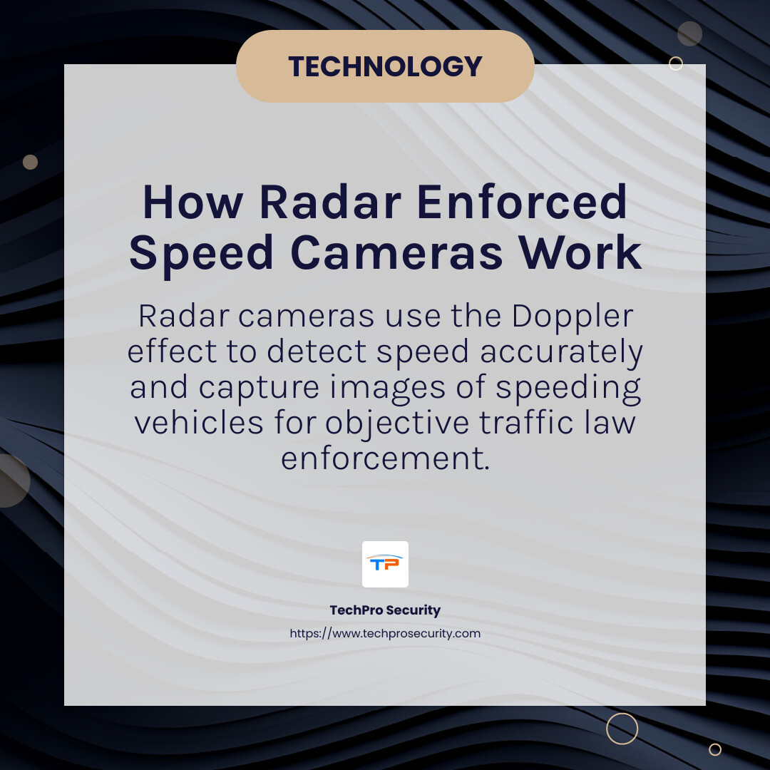 Radar technology helps in accurate speed detection and enforcement. - radar enforced speed camera infographic simple-info-card-dark