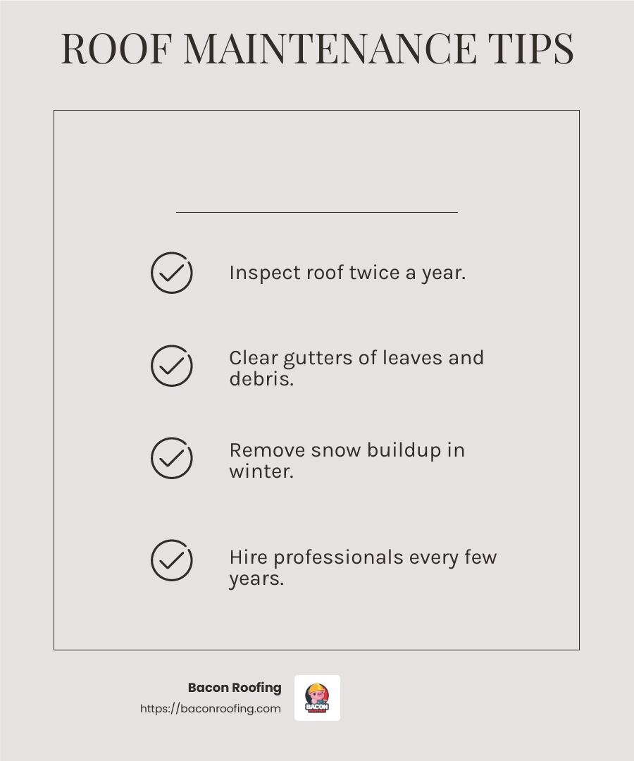 Regular roof maintenance is key to extending shingle life. - repairing wind damaged shingles infographic checklist-light-beige