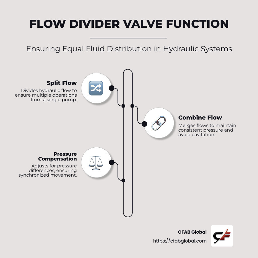 Flow divider valve function in hydraulic systems infographic showing how fluid is split into equal flows and synchronized across multiple circuits - flow divider valve function infographic infographic-line-3-steps-neat_beige