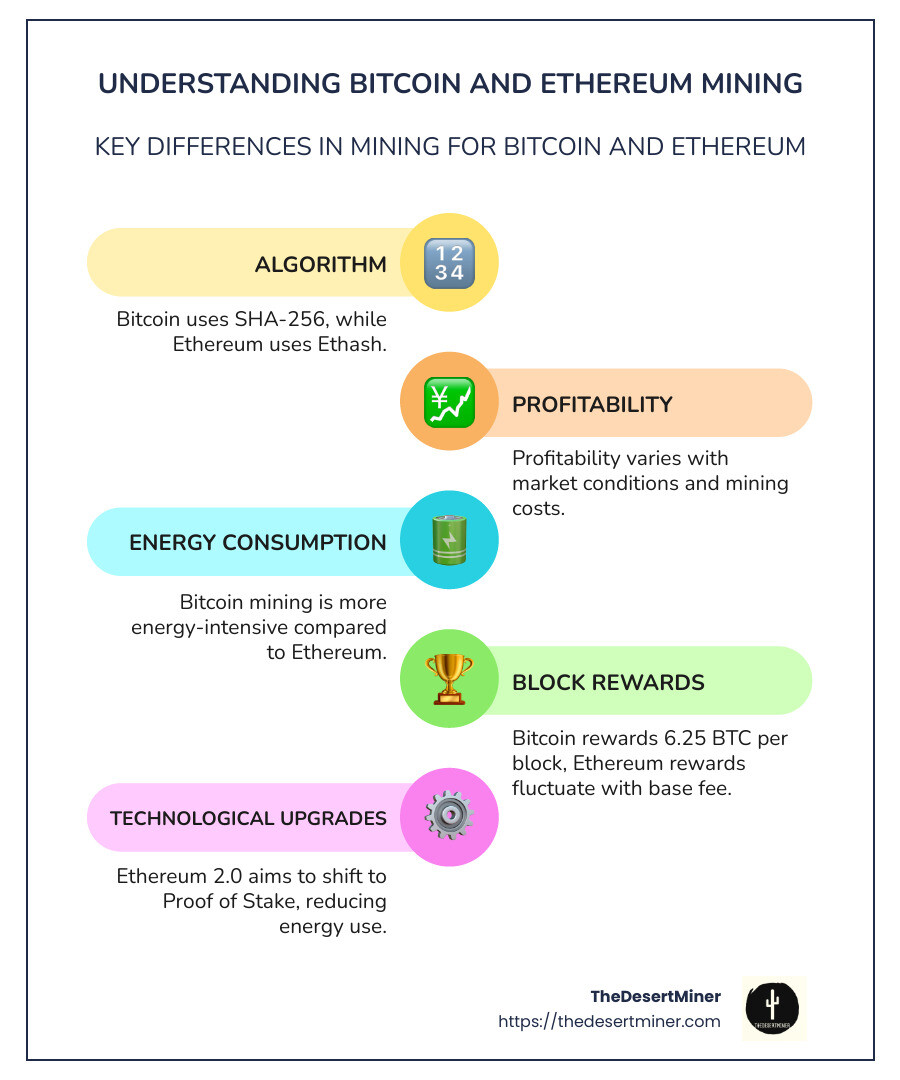 Comprehensive comparison of Bitcoin and Ethereum mining, highlighting differences in algorithms, profitability, and energy consumption. - crypto mining insights infographic infographic-line-5-steps-colors