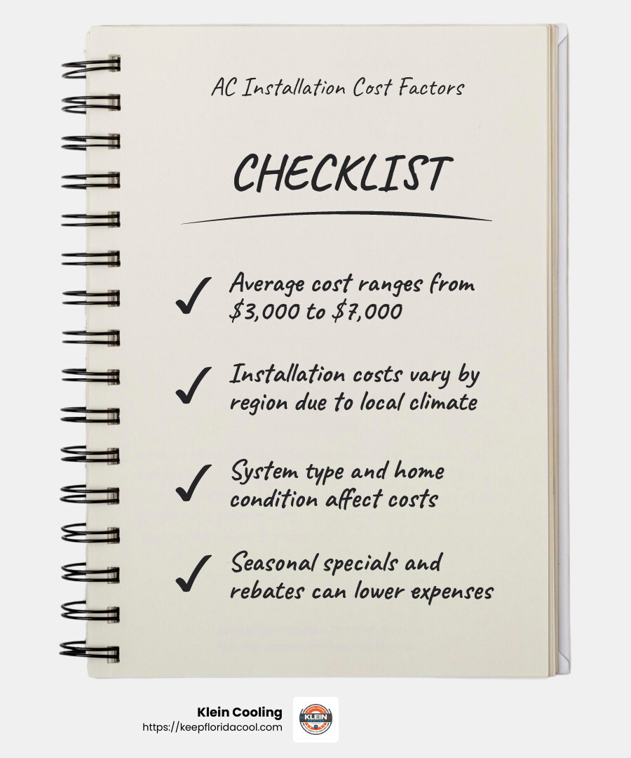Average cost of AC installation - Air conditioning installation deals infographic checklist-notebook