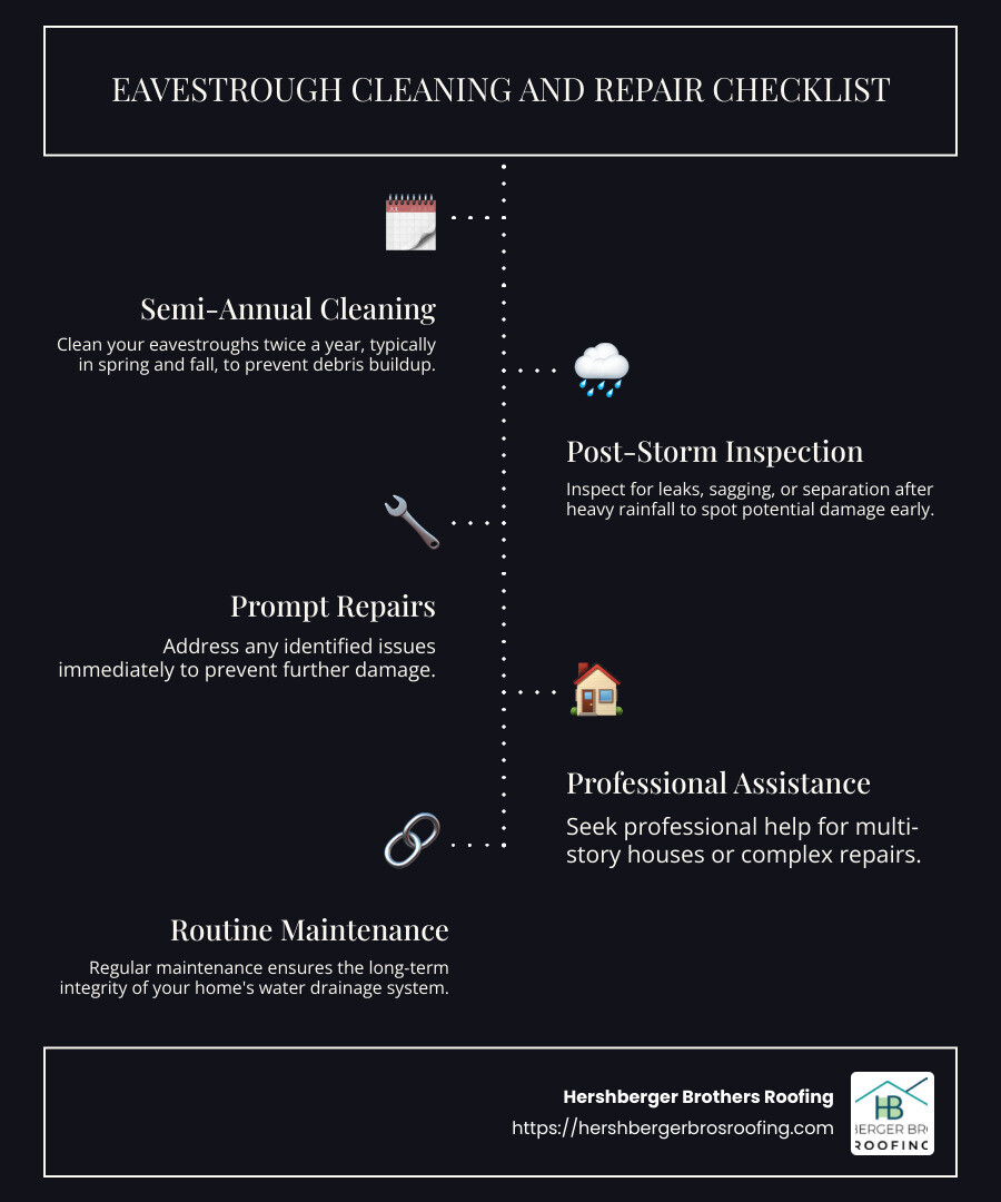 Infographic showing eavestrough cleaning and repair checklist: semi-annual cleaning, post-storm inspection, prompt repairs, professional help for high or complex areas - eavestrough cleaning and repair infographic infographic-line-5-steps-dark