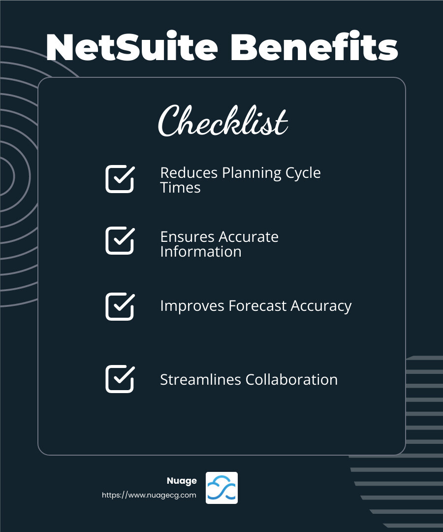 NetSuite Planning and Budgeting improves business efficiency and decision-making. - netsuite planning and budgeting review infographic checklist-dark-blue