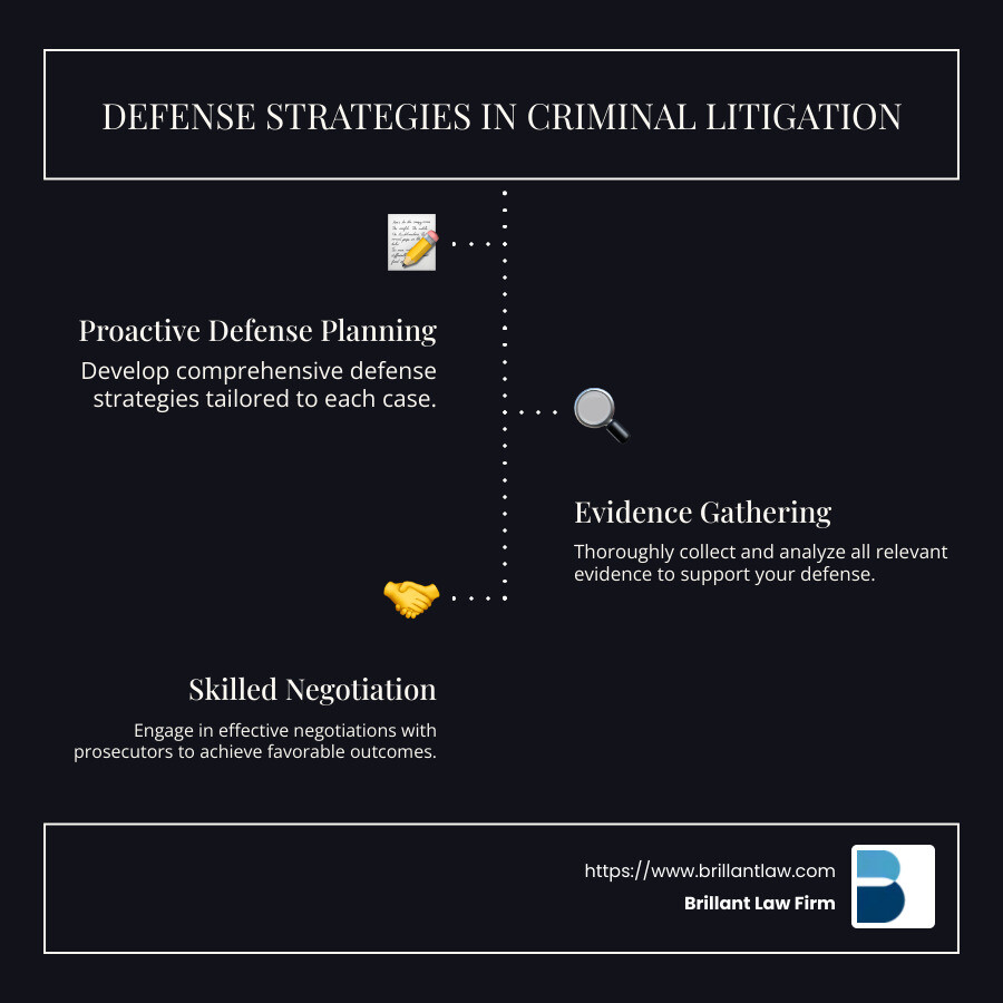 3276a4dbed623b47b2b8e50e6df9585d8b153e24 The Ins and Outs of Criminal Litigation Lawyer Services Explore comprehensive criminal litigation lawyer legal services, expert trial representation, and strategic defense strategies. infographic detailing defense strategies offered by criminal litigation lawyers in California, showcasing three main strategies: proactive defense planning, evidence gathering, and skilled negotiation techniques - criminal litigation lawyer legal services infographic infographic-line-3-steps-dark