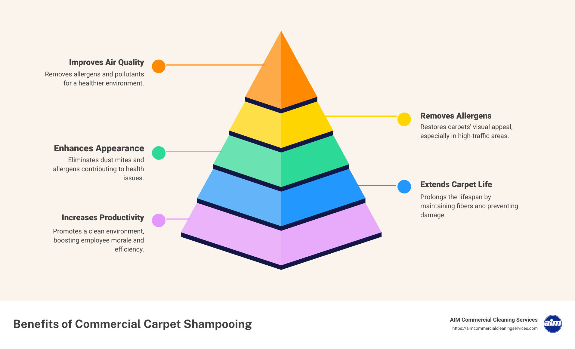 Infographic on the benefits of commercial carpet shampooing: improves air quality, removes allergens, improves appearance, extends carpet life, increases productivity, reduces maintenance costs - Carpet shampooing services infographic pyramid-hierarchy-5-steps