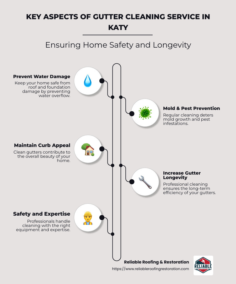 Gutter cleaning essentials: Importance, water damage risks, and protection measures infographic detailing why clean gutters are essential, illustrating common problems and their solutions, highlighting professional service benefits, and showing a comparison between DIY and professional cleaning costs and safety concerns - Gutter cleaning service Katy infographic infographic-line-5-steps-neat_beige