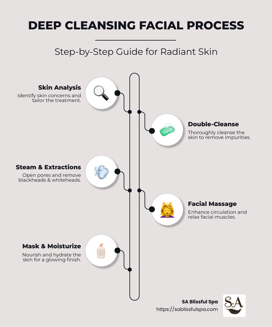 Deep Cleansing Facial Process - Step by Step Guide with Extractions, Massage and Mask Application - deep cleansing facial near me infographic infographic-line-5-steps-neat_beige