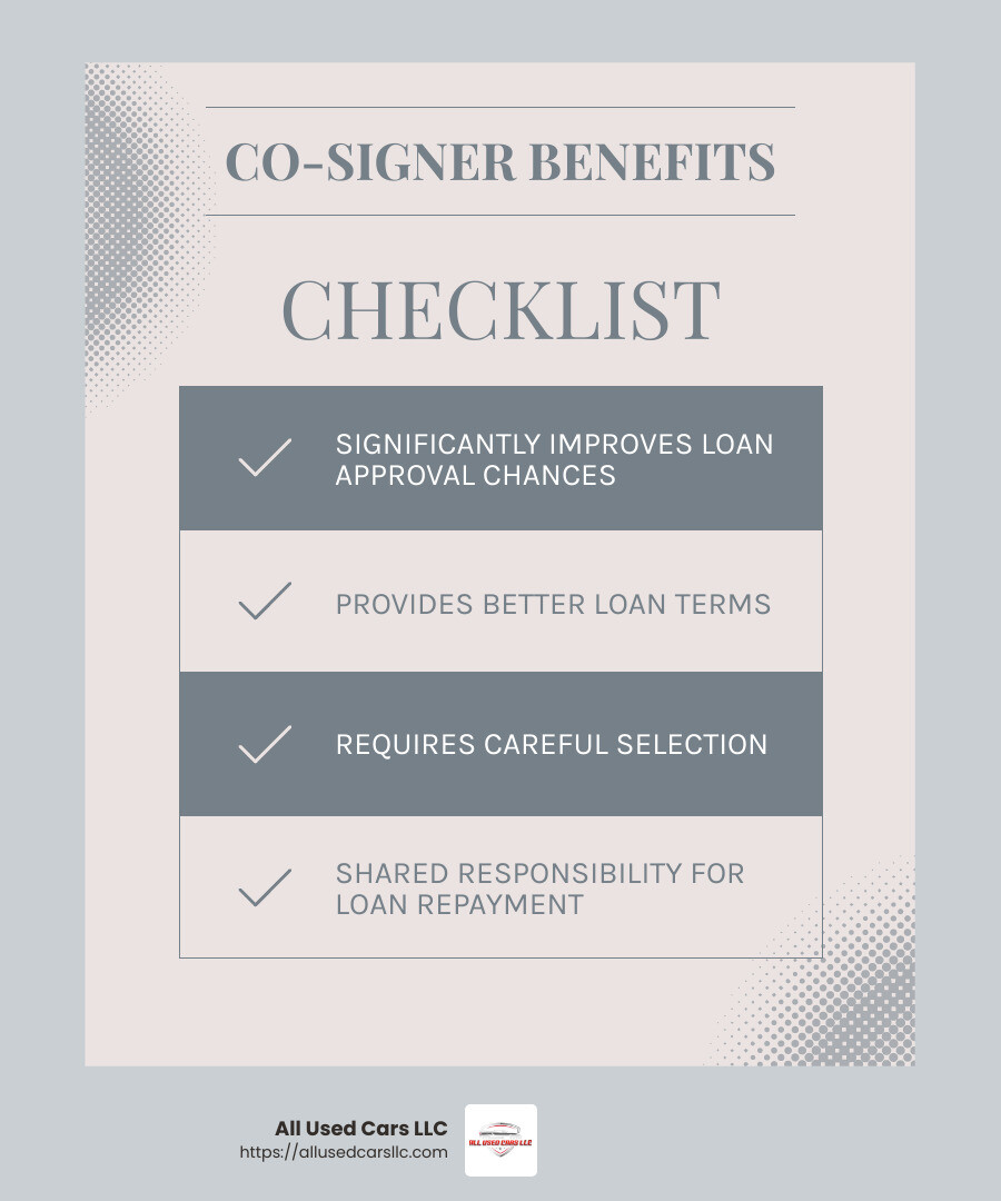Co-signer benefits - car finance low income infographic checklist-light-blue-grey