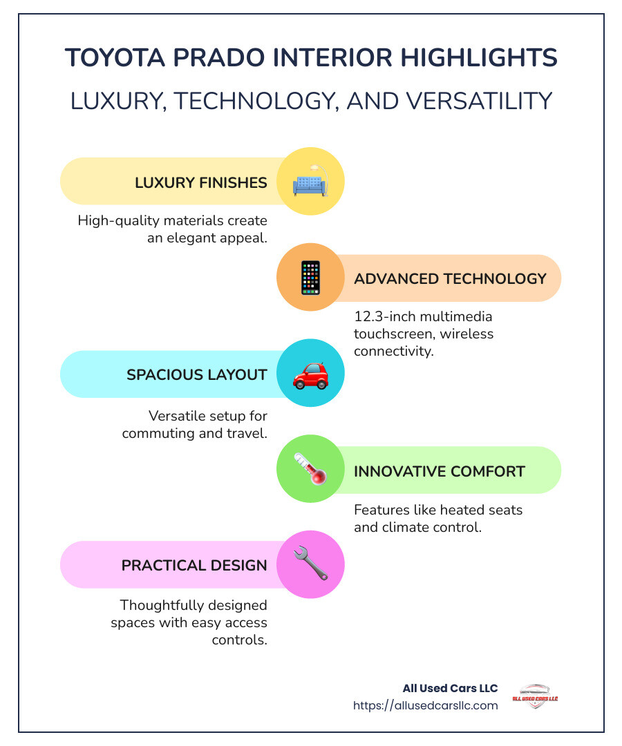 Infographic showing key features of Toyota Prado interior design, highlighting luxury materials, advanced driving technology, spacious seating, and innovative comfort improvements - Toyota Prado interior design infographic infographic-line-5-steps-colors Infographic showing key features of Toyota Prado interior design, highlighting luxury materials, advanced driving technology, spacious seating, and innovative comfort improvements - Toyota Prado interior design infographic infographic-line-5-steps-colors