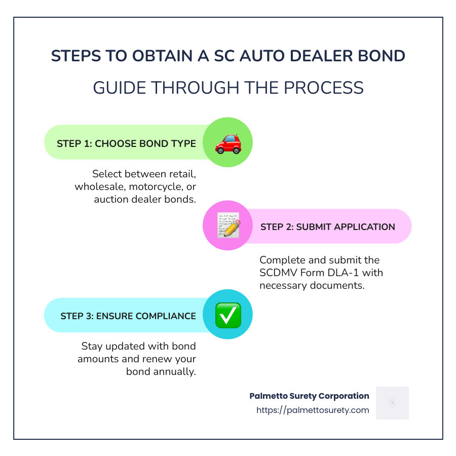 Auto dealer bonds in sc: what you need to know 1 Infographic showing bond types, amounts, and key application steps for sc auto dealers - south carolina auto dealer bond infographic infographic-line-3-steps-colors