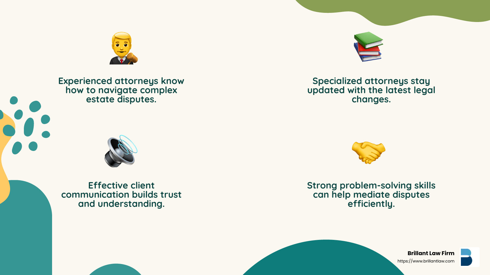 Choosing the right estate dispute attorney involves considering their experience, specialization, communication, and problem-solving skills. - estate dispute attorney infographic 4_facts_emoji_nature