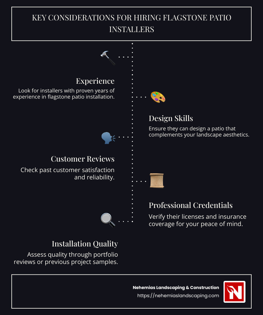 Infographic showcasing key points for hiring flagstone patio installers. Key elements: experience, design skills, customer reviews, licenses, and installation quality. - flagstone patio installers infographic infographic-line-5-steps-dark