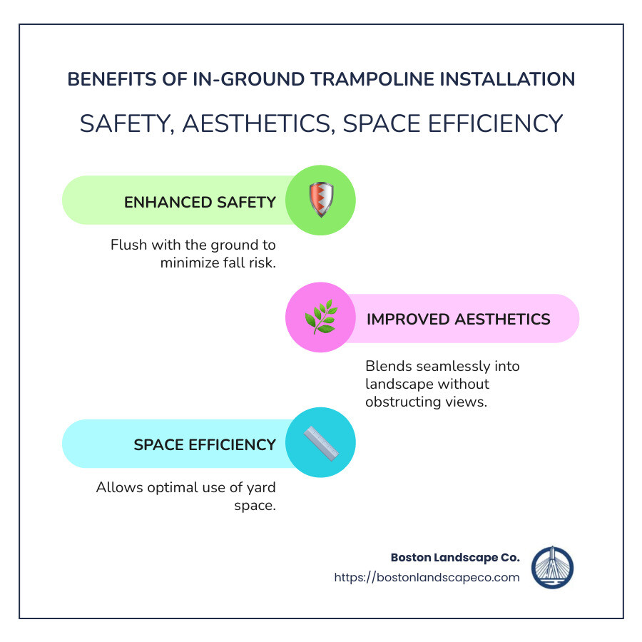 An infographic showing benefits and safety aspects of inground trampoline installation: Safety-Reduced fall risk; Aesthetics-Visually appealing; Space Efficiency-Optimal use of yard space - in ground trampoline installation infographic infographic-line-3-steps-colors