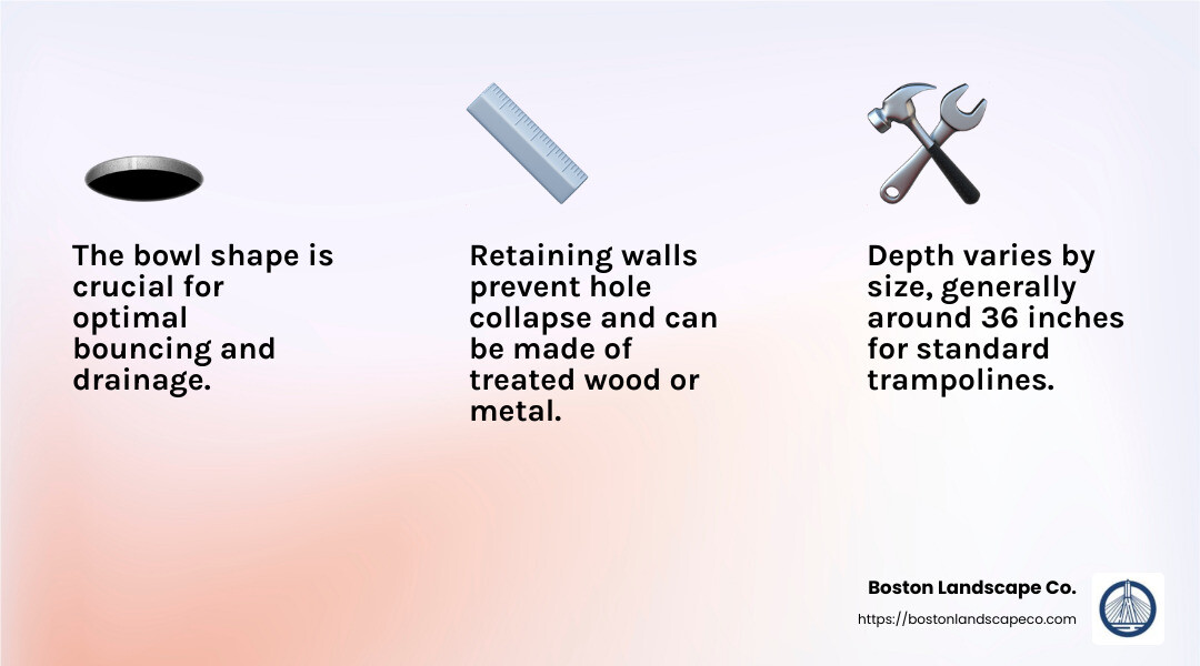 Example of bowl-shaped hole dimensions for a 14' trampoline - in ground trampoline installation infographic 3_facts_emoji_light-gradient