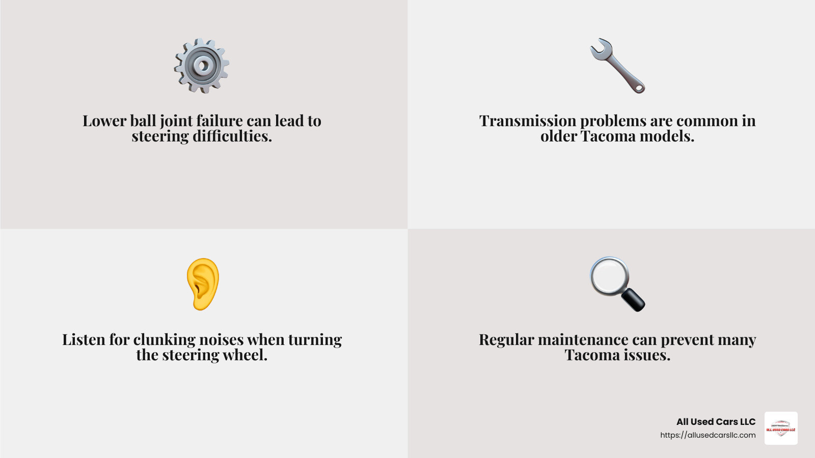 Common issues with Toyota Tacoma - Toyota Tacoma near me infographic 4_facts_emoji_grey