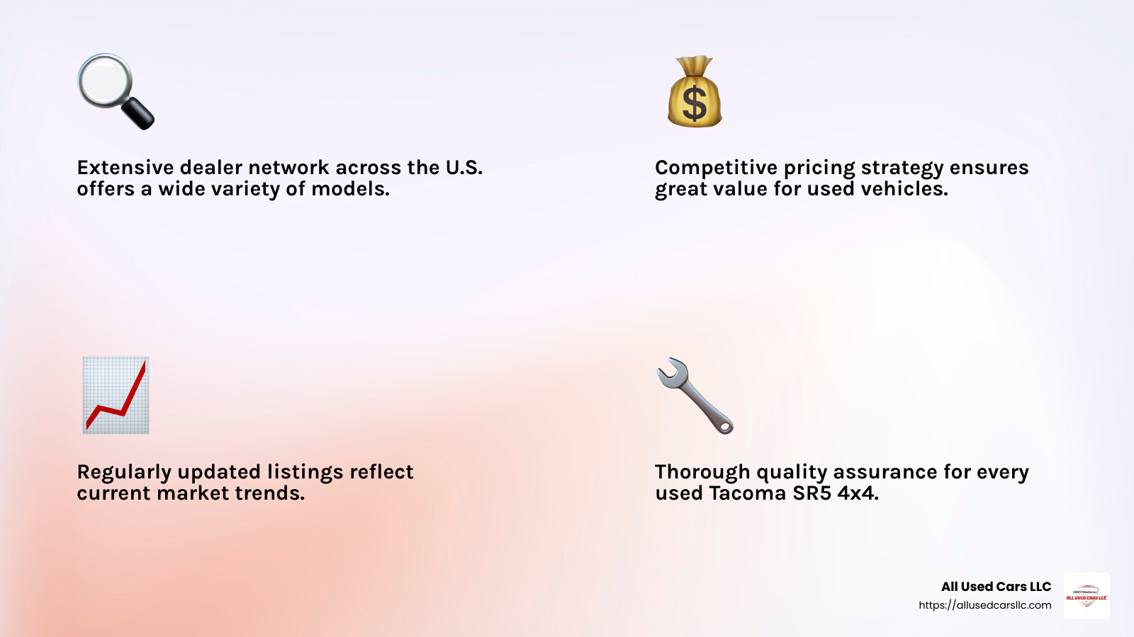 Competitive pricing at All Used Cars LLC ensures you get the best deal on your used Toyota Tacoma SR5 4x4. - used toyota tacoma sr5 4x4 for sale infographic 4_facts_emoji_light-gradient