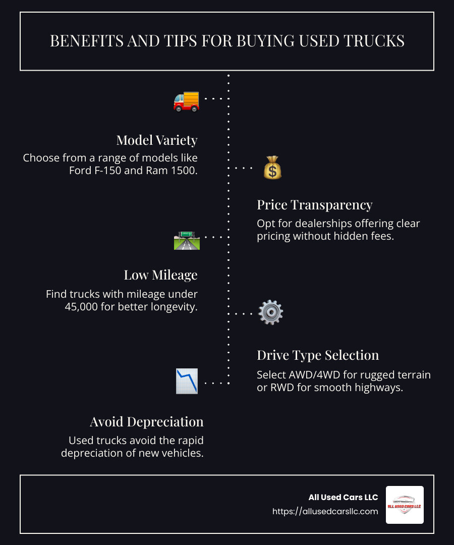 Infographic detailing key benefits and tips for buying used trucks: model variety, price transparency, mileage considerations, and drive type selection. - Used trucks near me infographic infographic-line-5-steps-dark