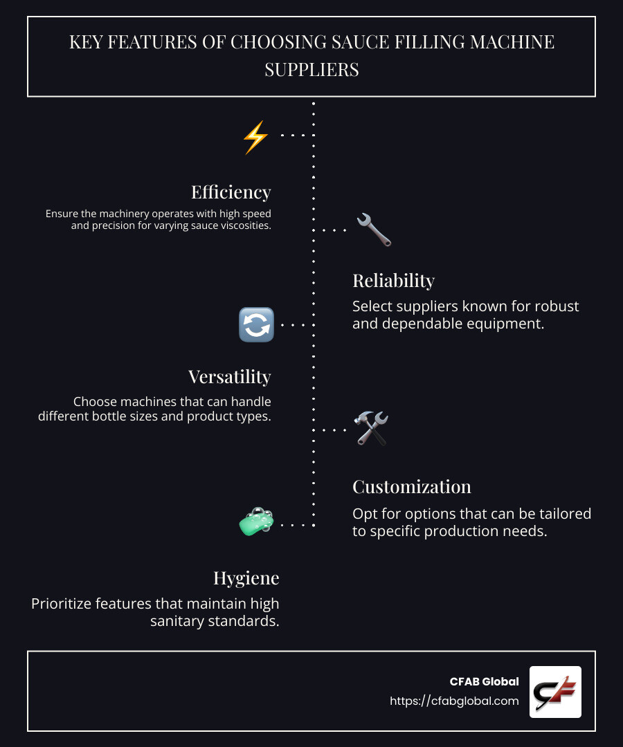 Infographic explaining the features and benefits of choosing the right sauce filling machine supplier, highlighting machinery efficiency, versatility, and customization, depicted with step-by-step visuals of the filling process. - sauce filling machine suppliers infographic infographic-line-5-steps-dark
