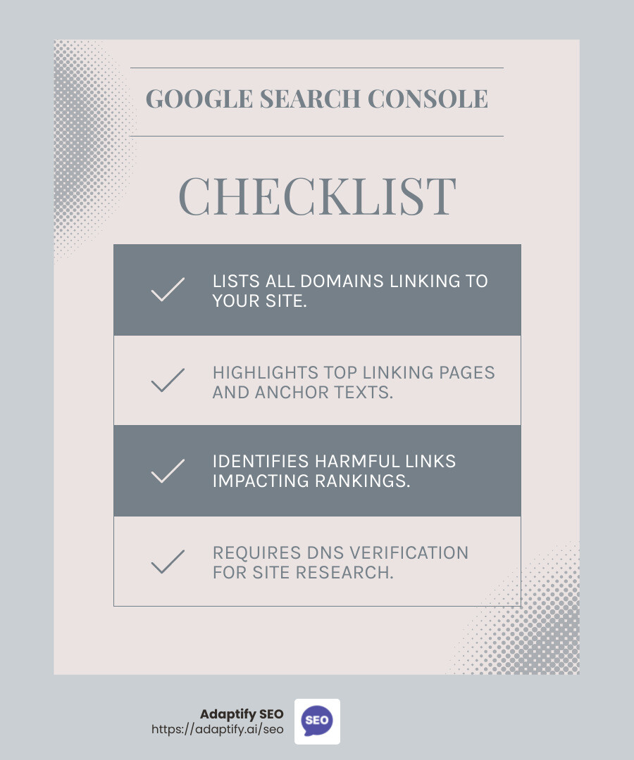 Google Search Console is indispensable for link building. It shows you great backlinks to work with and is reliable since it’s info coming directly from Google. - seo link monitoring infographic checklist-light-blue-grey