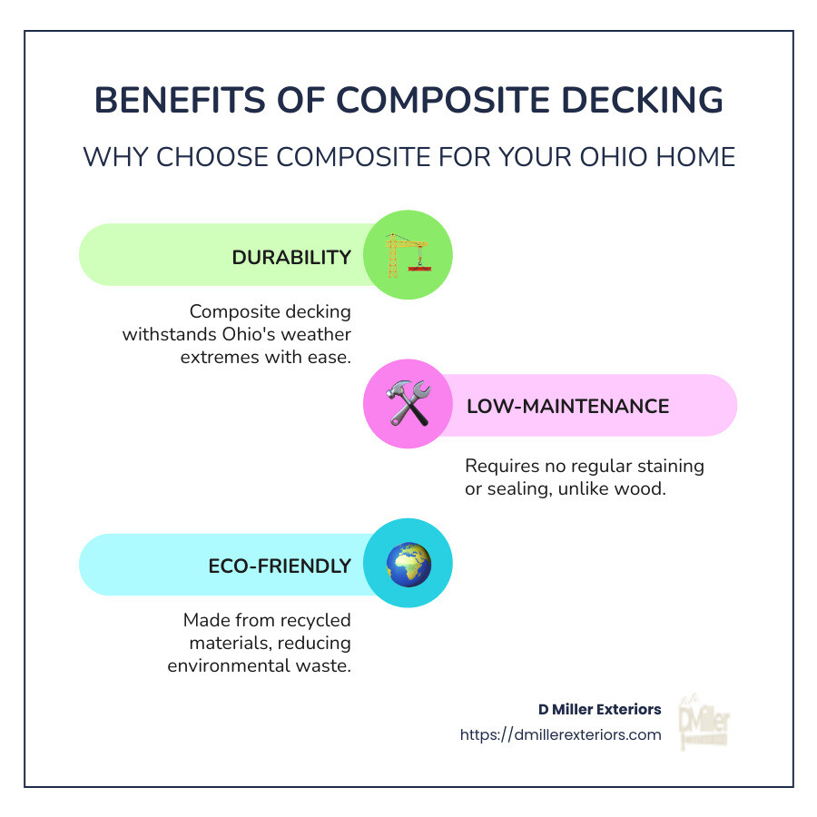 Benefits of composite decking: durability, low-maintenance, eco-friendly - Composite decking Ohio infographic infographic-line-3-steps-colors
