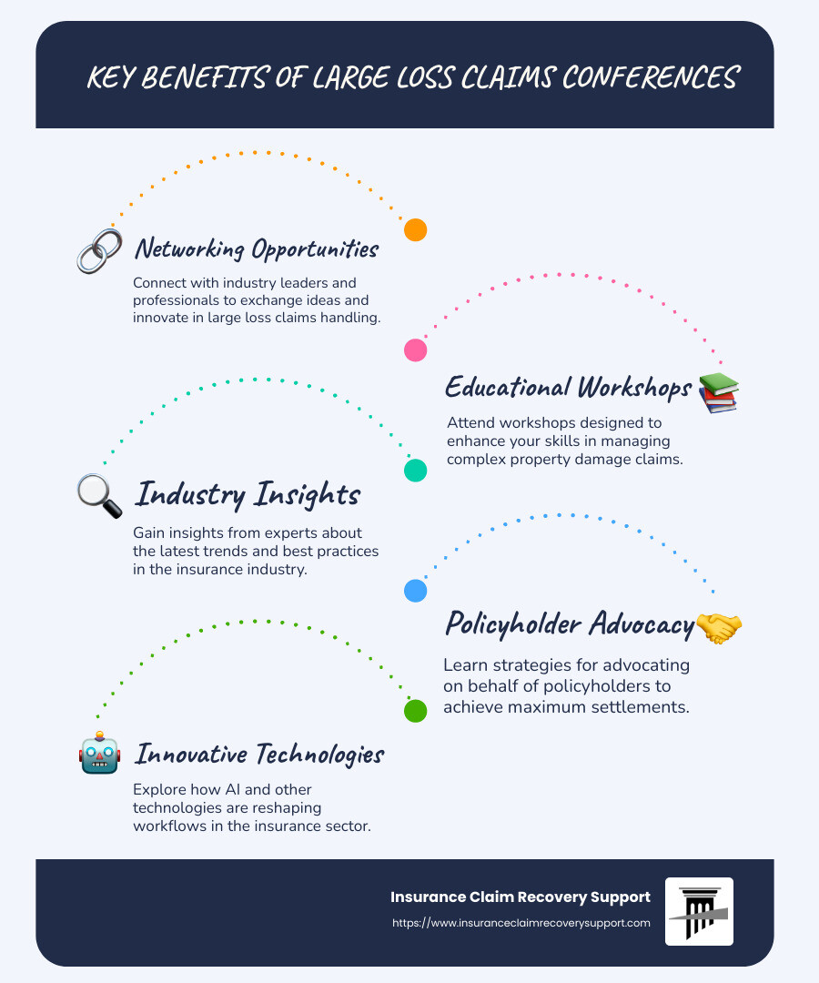 Infographic: Key Benefits of Large Loss Claims Conference including networking, educational workshops, and industry insights - large loss claims conference infographic infographic-line-5-steps-blues-accent_colors