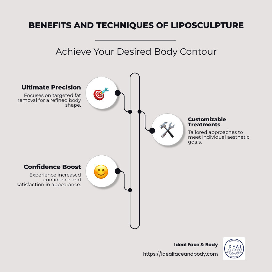 Detailed infographic of liposculpture benefits and techniques, showing body areas and methods, such as tumescent and laser-assisted techniques - best liposculpture infographic infographic-line-3-steps-neat_beige