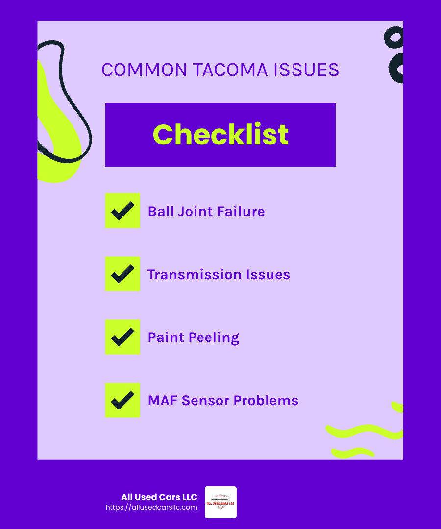 Common Issues with Toyota Tacoma - used toyota tacoma trucks for sale infographic checklist-fun-neon