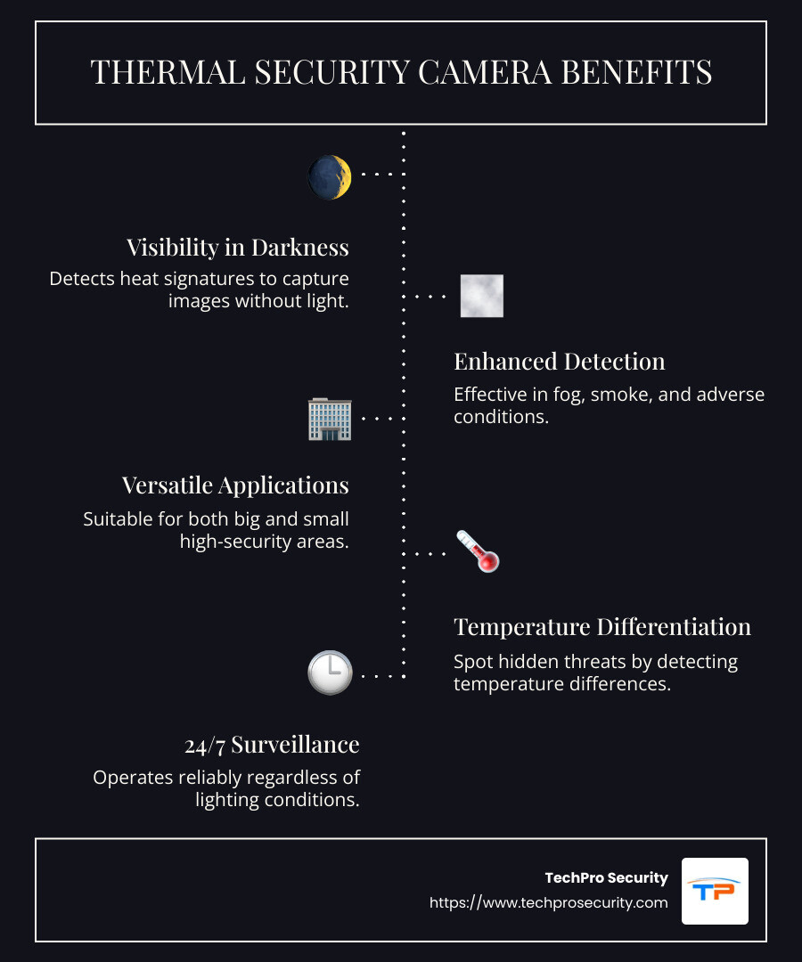 Detailed infographic showcasing the capabilities of thermal security camera technology in various lighting and weather conditions, ideal for residential security improvements - thermal security camera infographic infographic-line-5-steps-dark