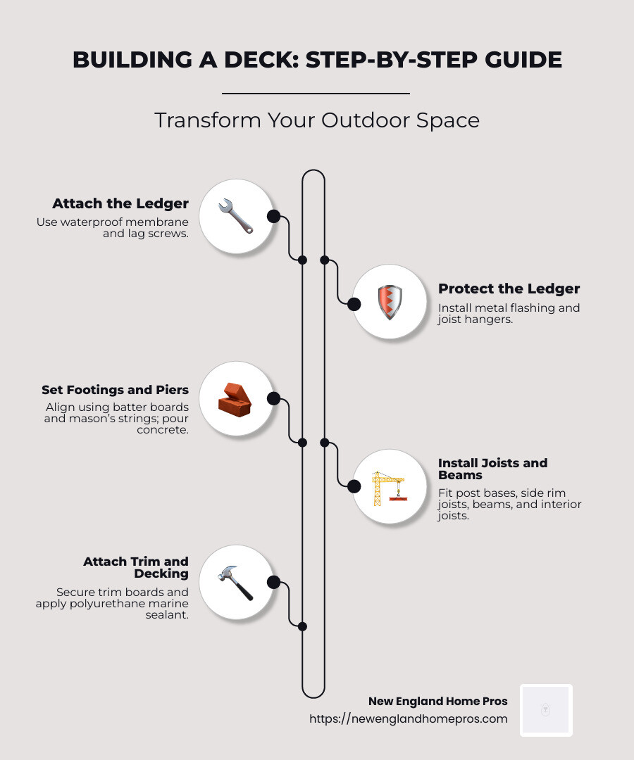 Infographic: Step-by-step guide on building a deck including planning, choosing materials, and construction steps - building a deck infographic infographic-line-5-steps-neat_beige