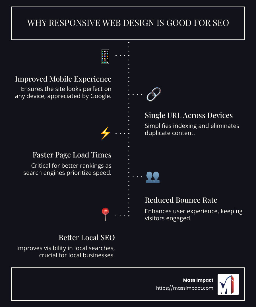 Detailed infographic showing SEO benefits of responsive web design, including improved mobile experience, reduced bounce rates, faster page load times, better local SEO, and single URL usage for all devices. - why responsive web design is good for seo infographic infographic-line-5-steps-dark