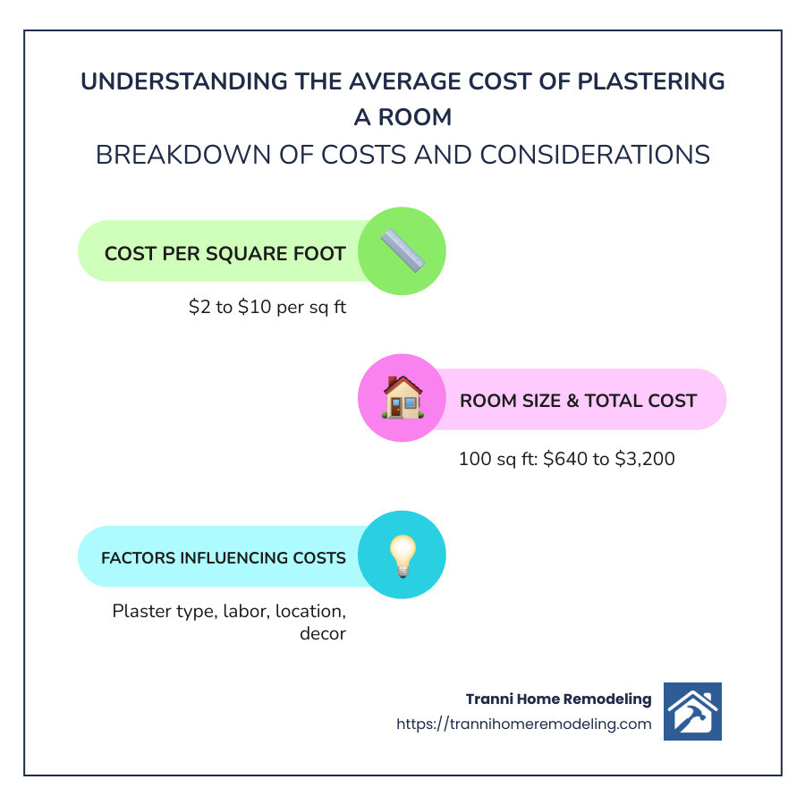 Plastering Costs Explained: What to Expect When Plastering a Room 1 Average cost of plastering a room infographic — detailed breakdown including per square foot costs, room size examples, and factors affecting the total cost - average cost of plastering a room infographic infographic-line-3-steps-colors
