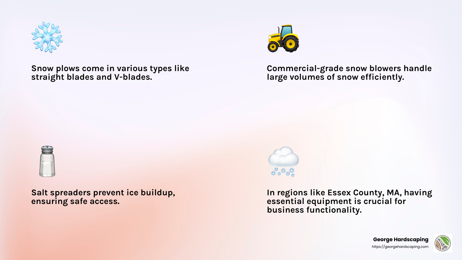 Salt spreaders help prevent ice buildup and ensure safety during winter months. - commercial snow removal equipment infographic 4_facts_emoji_light-gradient Salt spreaders help prevent ice buildup and ensure safety during winter months. - commercial snow removal equipment infographic 4_facts_emoji_light-gradient