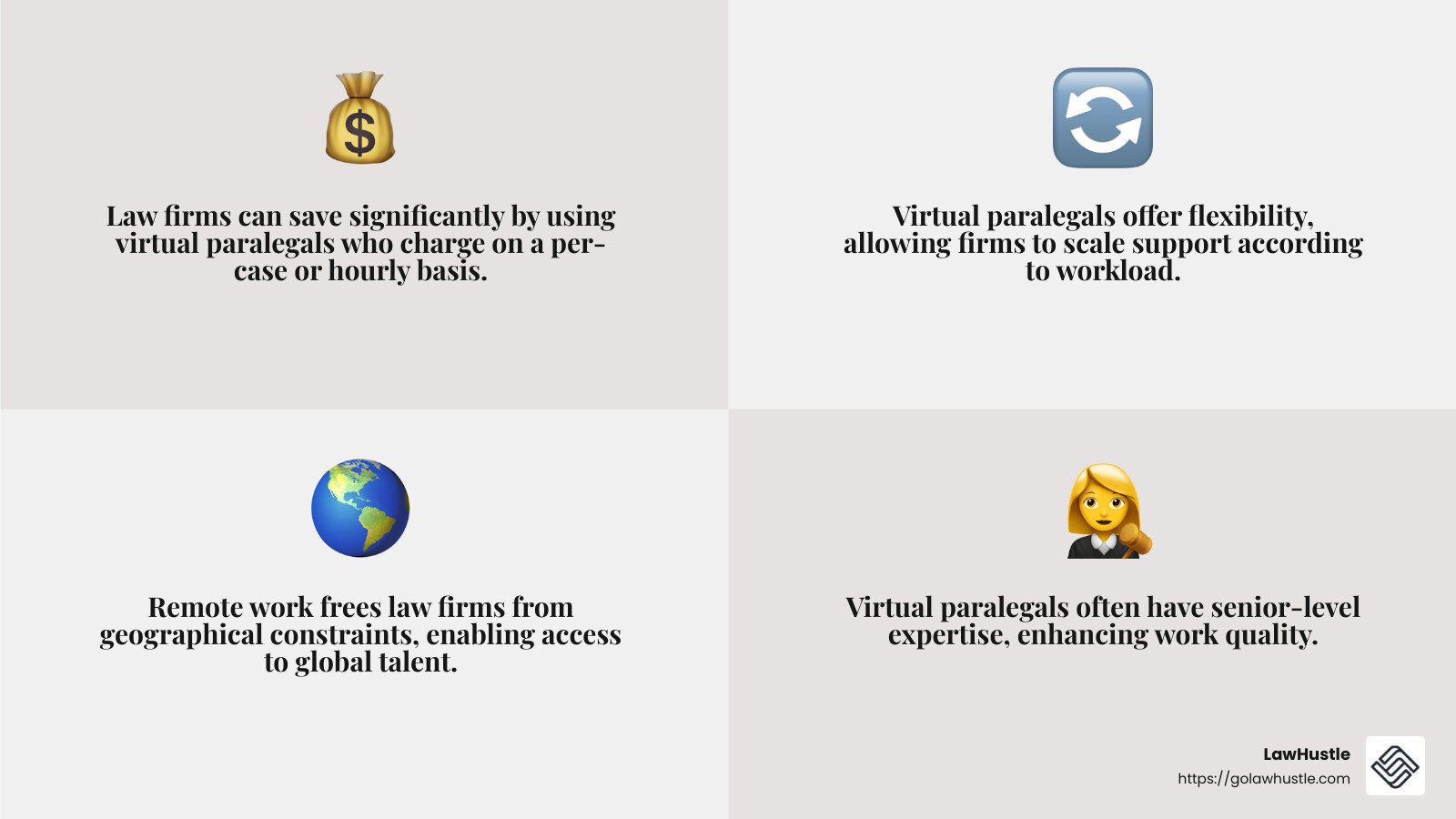 Virtual Paralegal Services offer cost efficiency, flexibility, and senior-level expertise. - Virtual Paralegal Services infographic 4_facts_emoji_grey