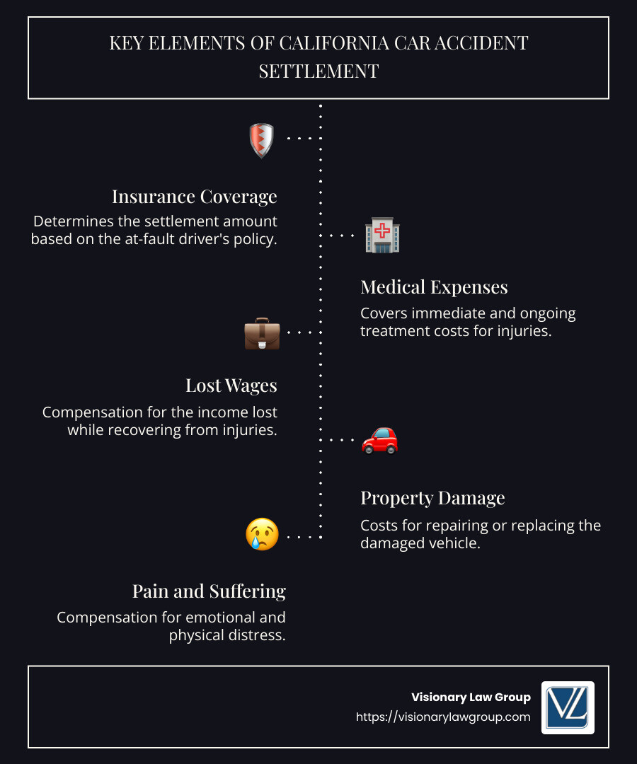 Detailed infographic of California car accident settlement process, highlighting insurance, medical expenses, lost wages, property damage, and pain and suffering compensation elements - California car accident settlement infographic infographic-line-5-steps-dark Detailed infographic of California car accident settlement process, highlighting insurance, medical expenses, lost wages, property damage, and pain and suffering compensation elements - California car accident settlement infographic infographic-line-5-steps-dark