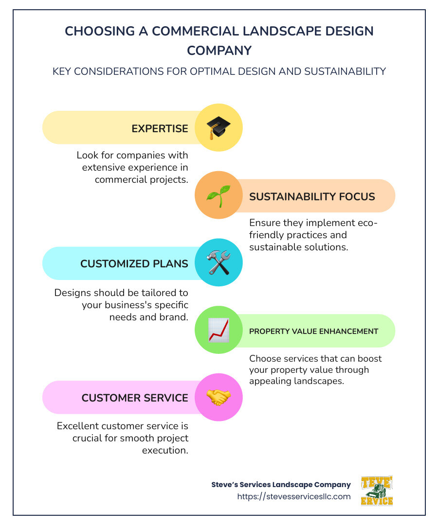 Key elements of choosing a commercial landscape design company including expertise, sustainability focus, and customized plans - commercial landscape design company infographic infographic-line-5-steps-colors