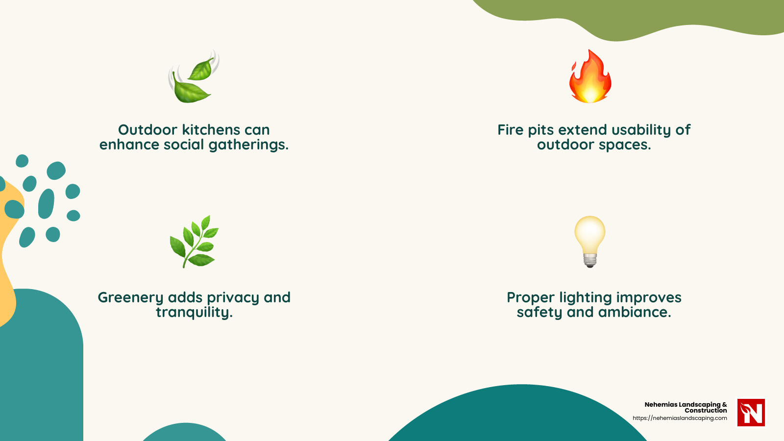 Outdoor lighting improves the atmosphere and functionality of your backyard. - backyard remodeling services infographic 4_facts_emoji_nature