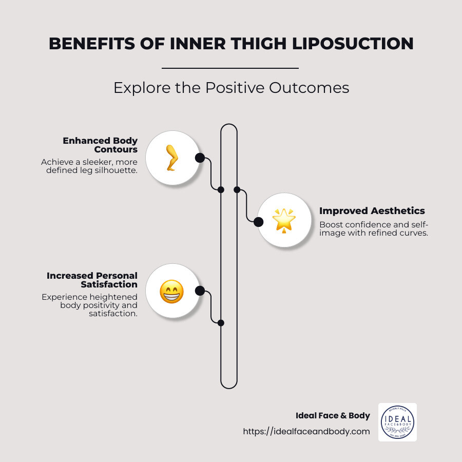 Infographic summarizing thigh liposuction benefits and outcomes, including improved body contours, aesthetic improvements, and increased personal satisfaction - inner thigh lipo before and after infographic infographic-line-3-steps-neat_beige