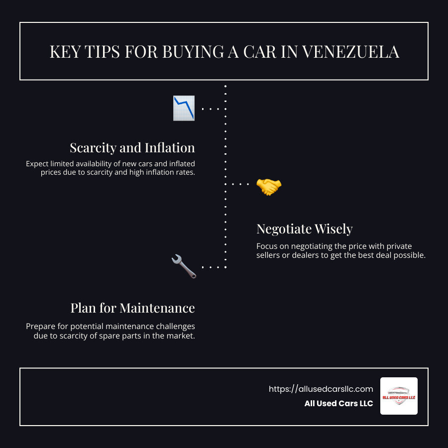 Infographic: Key Tips for Buying a Car in Venezuela - Scarcity, Inflation, Negotiation, Maintenance Challenges - Tips for buying a car in Venezuela infographic infographic-line-3-steps-dark Infographic: Key Tips for Buying a Car in Venezuela - Scarcity, Inflation, Negotiation, Maintenance Challenges - Tips for buying a car in Venezuela infographic infographic-line-3-steps-dark