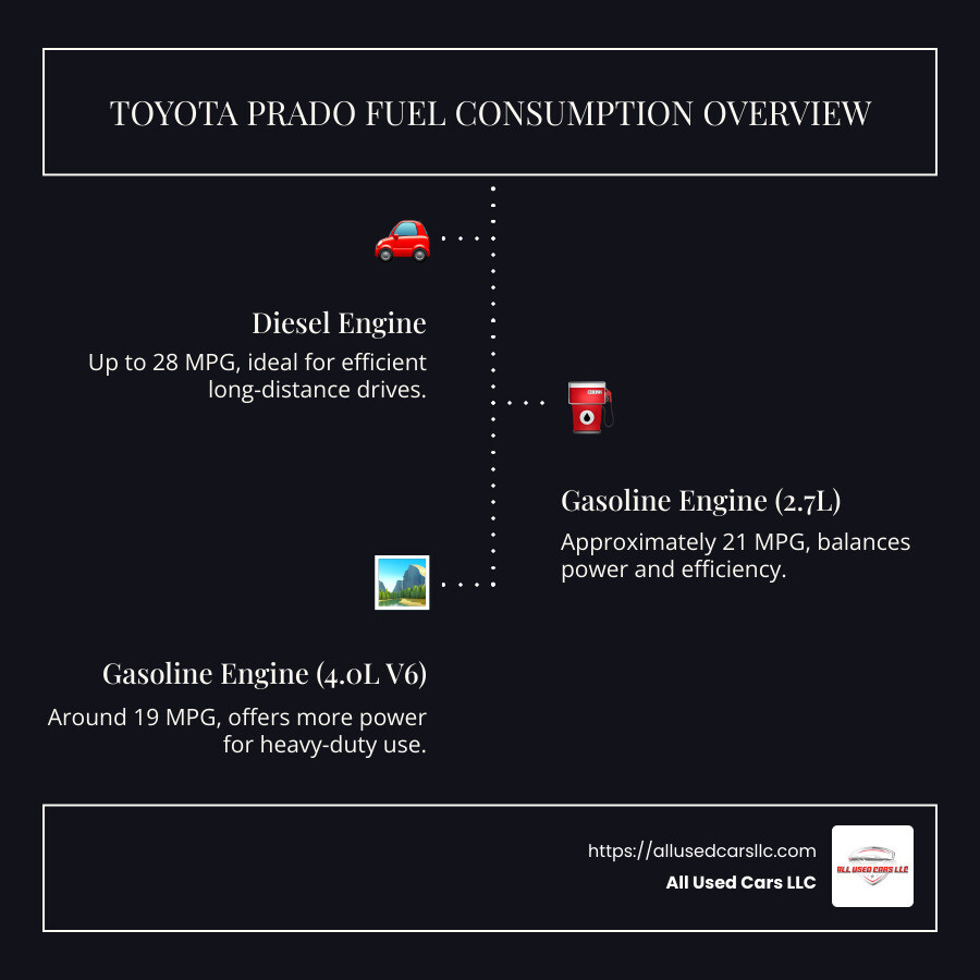 Infographic detailing Toyota Prado fuel consumption rates for each engine type, highlighting MPG differences and visual comparison against other SUV models - Toyota Prado fuel consumption infographic infographic-line-3-steps-dark