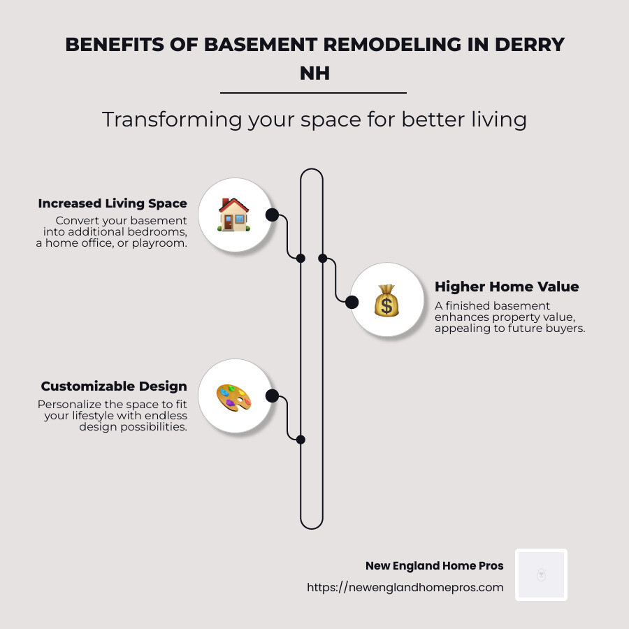 Benefits and costs of a basement remodel in Derry NH - basement remodel derry nh infographic infographic-line-3-steps-neat_beige