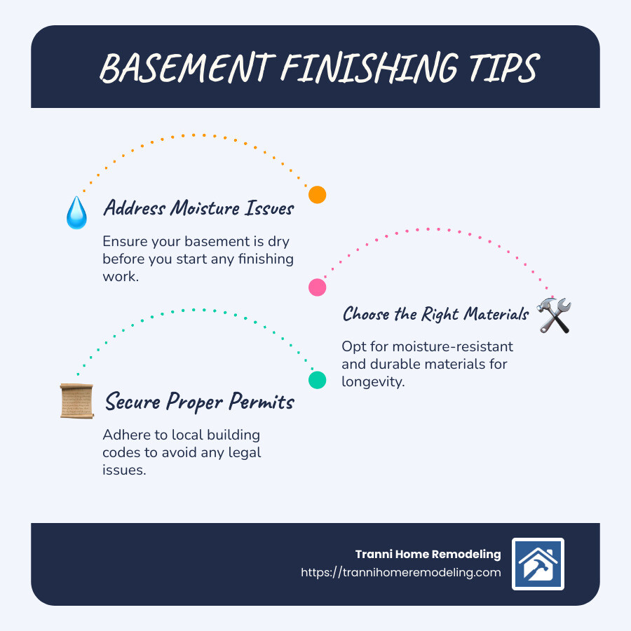 Infographic on Basement Finishing Tips - Basement finishing solutions infographic infographic-line-3-steps-blues-accent_colors