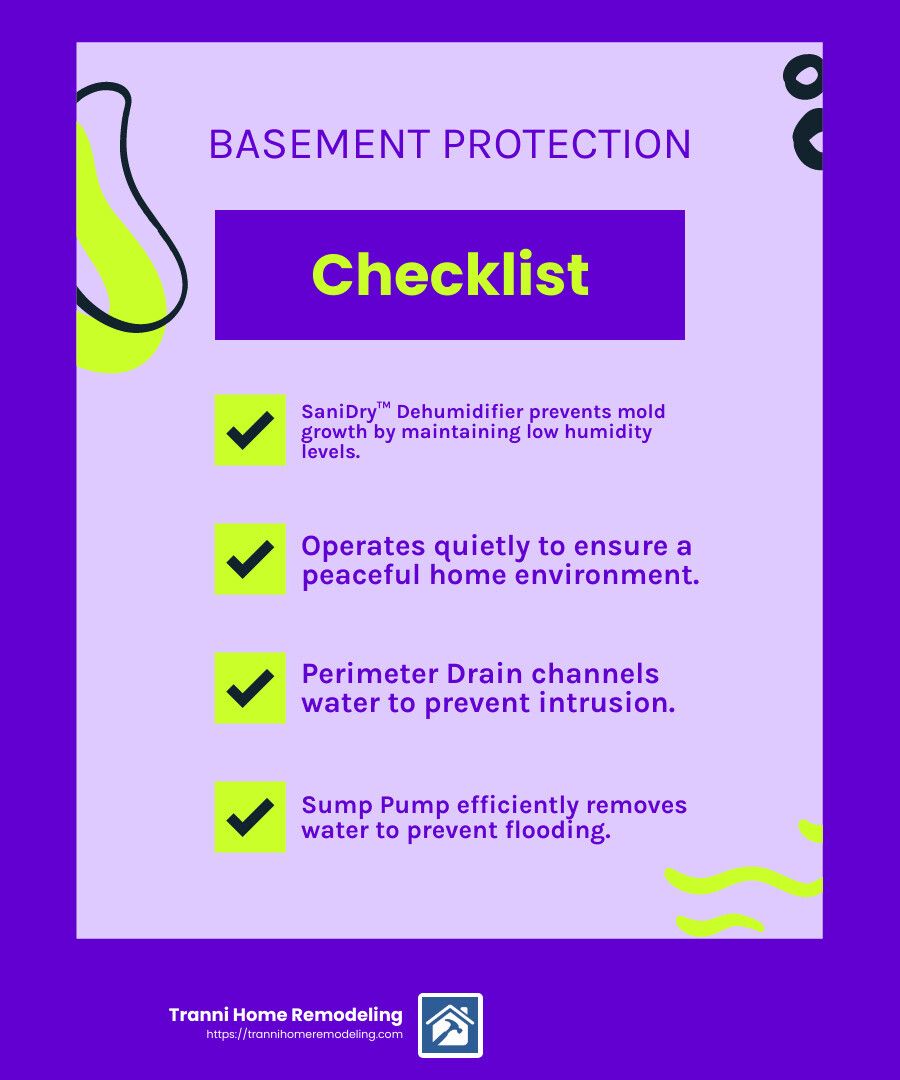 Efficient Moisture Control and Water Intrusion Prevention - Basement finishing solutions infographic checklist-fun-neon
