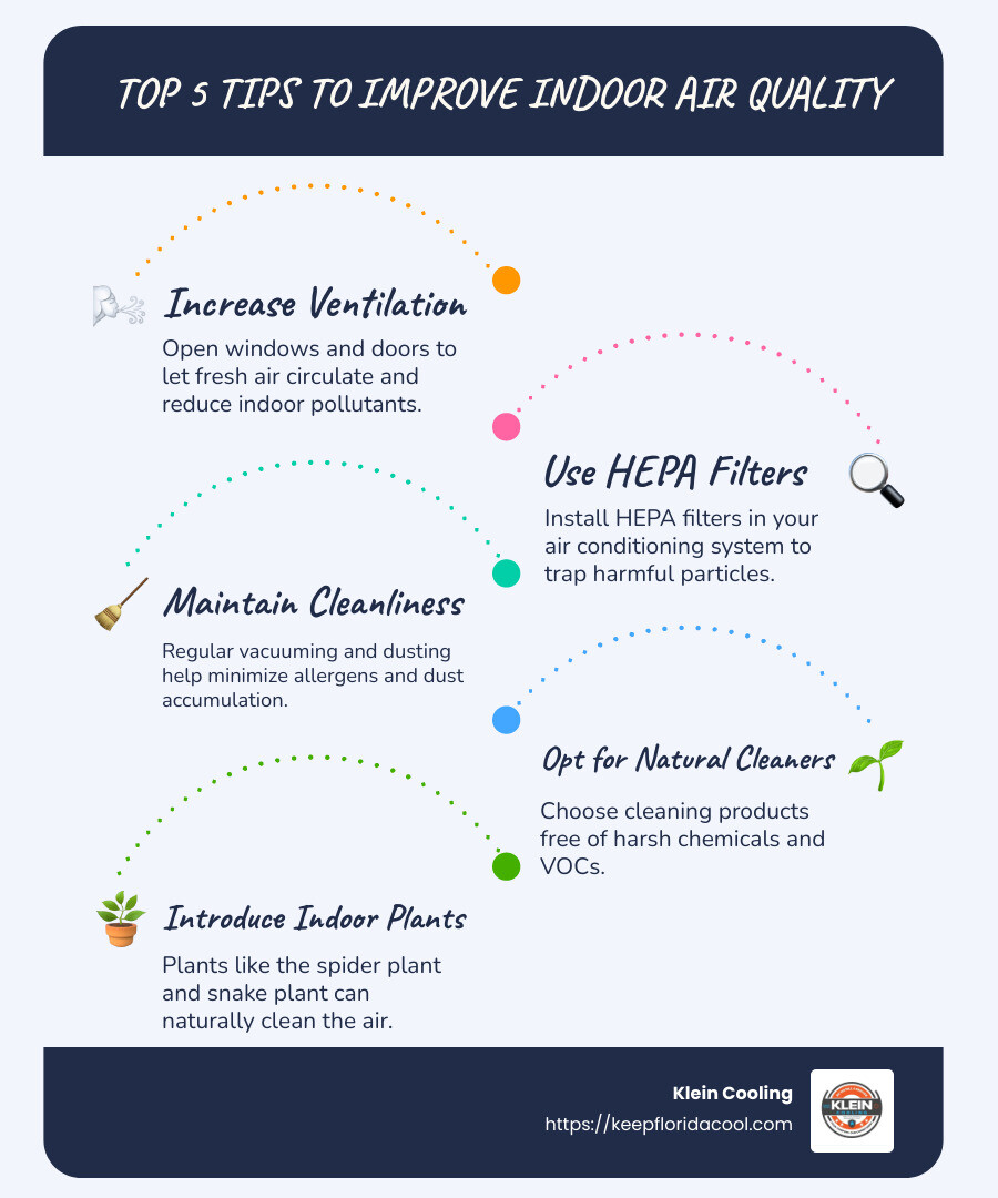 Indoor air quality improvement tips infographic: air cleaners, ventilation, source control, natural cleaning products, houseplants - Improve indoor air quality infographic infographic-line-5-steps-blues-accent_colors