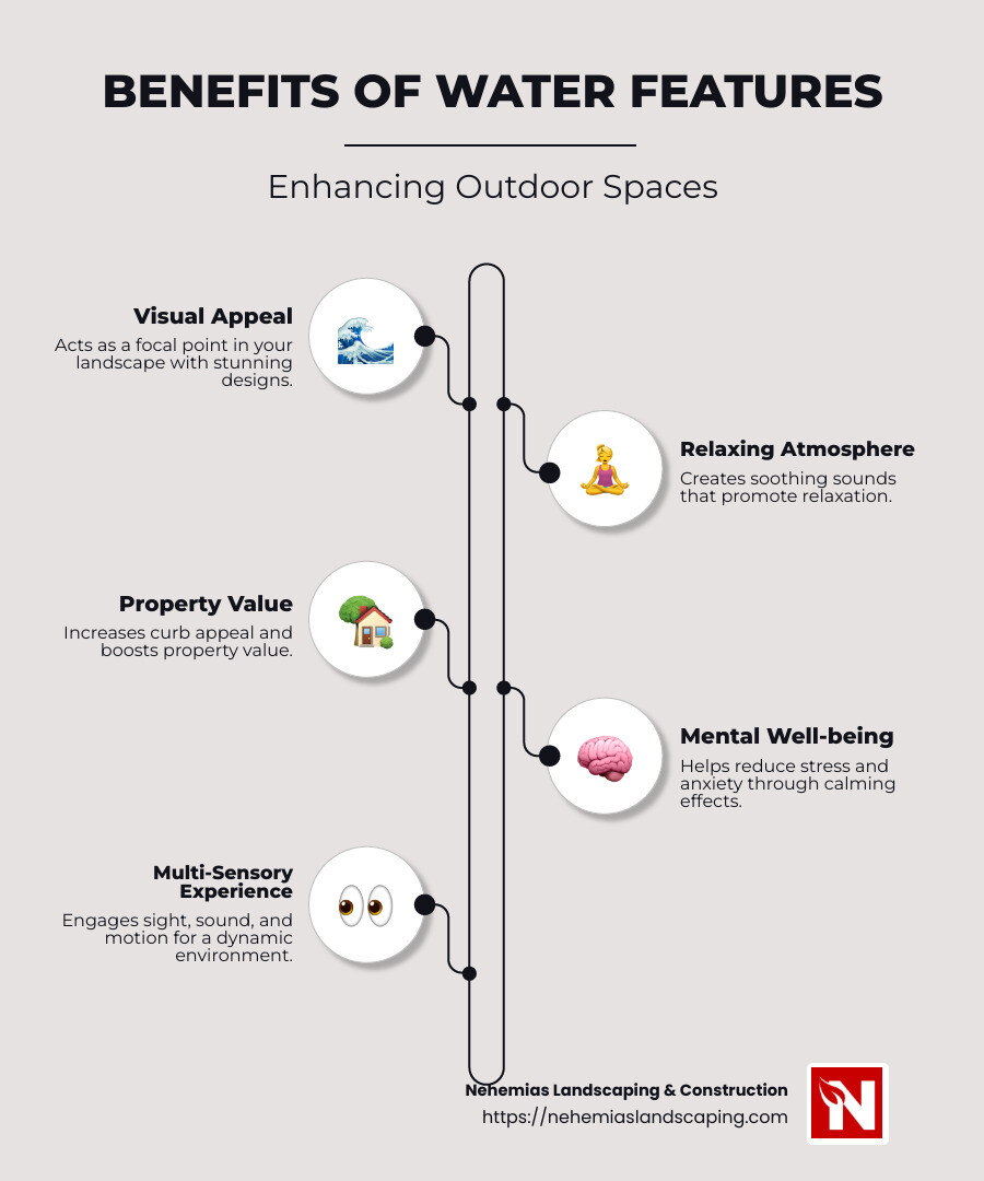 detailed infographic on water feature benefits and aesthetics - Water feature installation infographic infographic-line-5-steps-neat_beige