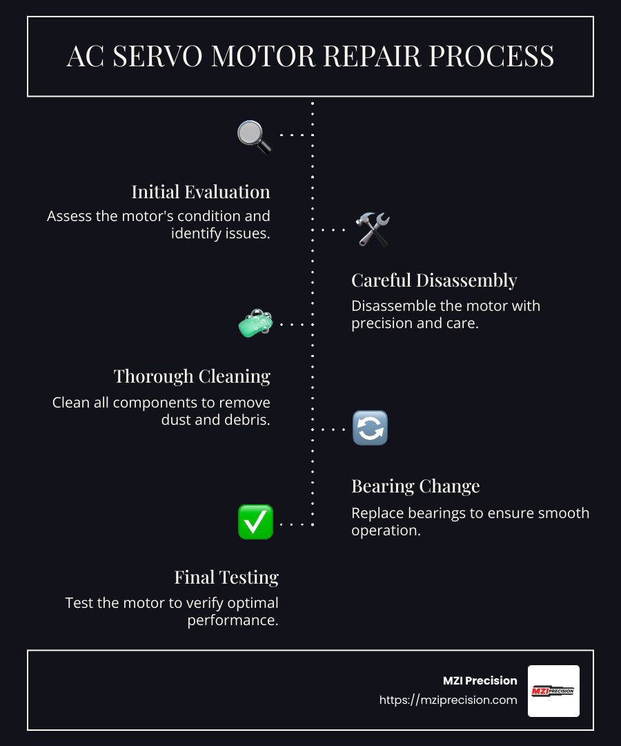 Infographic of AC Servo Motor Repair Process, showing initial evaluation, careful disassembly, thorough cleaning, bearing change, and final testing for optimal results - ac servo motor repair infographic infographic-line-5-steps-dark