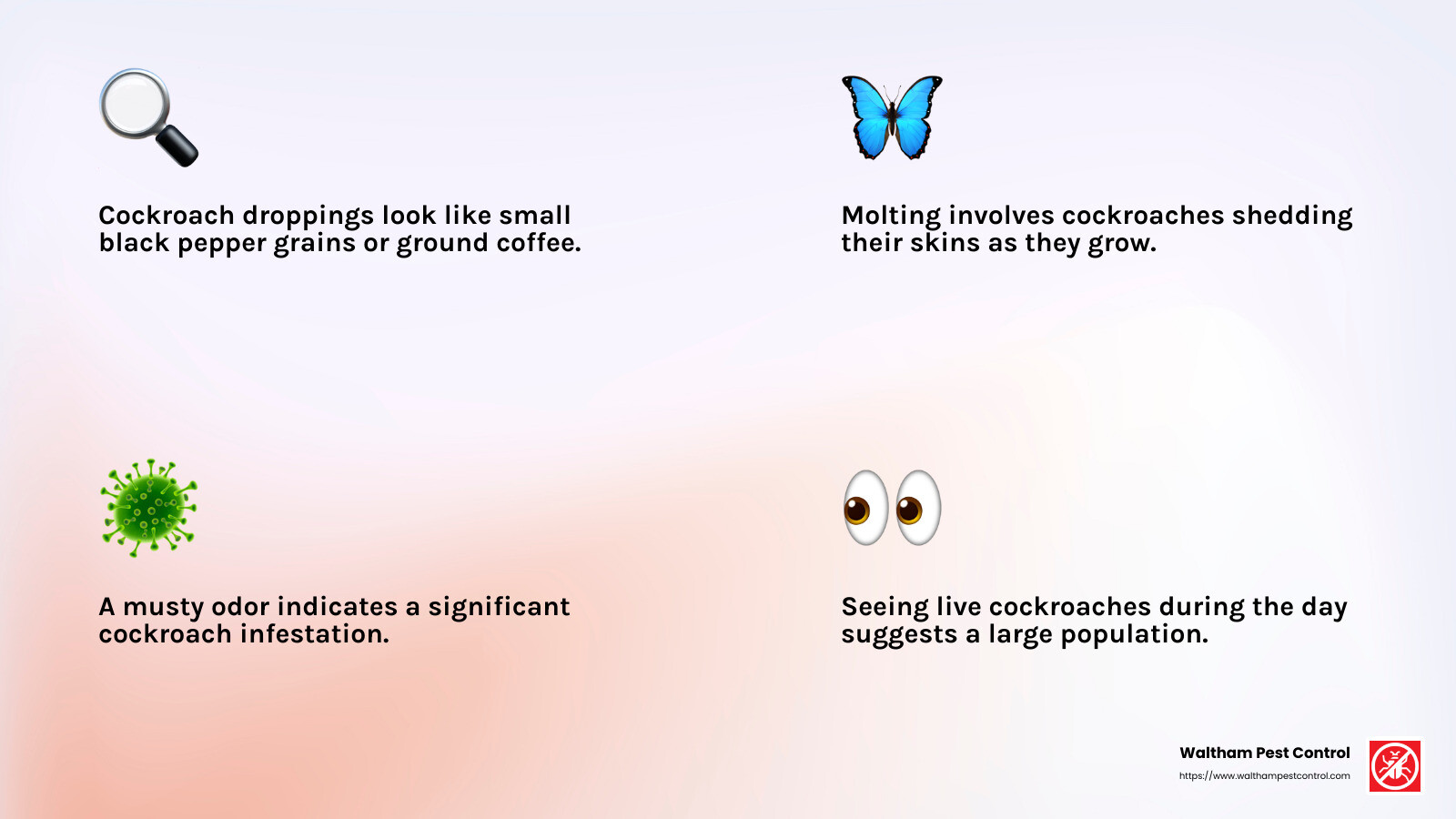 Musty odor is a common sign of a cockroach infestation. - cockroach exterminator near me infographic 4_facts_emoji_light-gradient