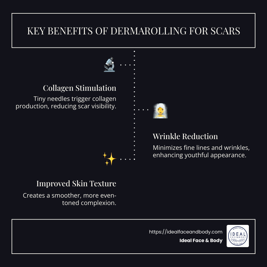Infographic highlighting the main benefits of using dermaroller for scars: collagen production, scar reduction, skin rejuvenation. - dermaroller for scars infographic infographic-line-3-steps-dark