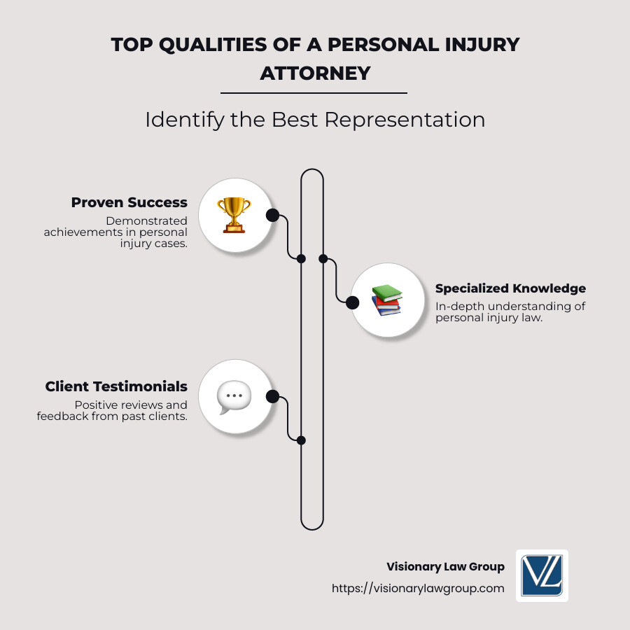 Detailed infographic showing top qualities of a personal injury attorney, including success rate, areas of specialization, client reviews, and experience years - Best personal injury attorney infographic infographic-line-3-steps-neat_beige